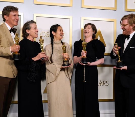 Producers Peter Spears (from left), Frances McDormand, Chloe Zhao, Mollye Asher and Dan Janvey, winners of the award for best picture for "Nomadland" at the Oscars 93rd Annual Academy Awards