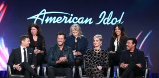 Jennifer Mullin, Trish Kinane, Megan Michaels Wolflick, Ryan Seacrest, Luke Bryan, Katy Perry, and Lionel Richie at an ABC "American Idol" panel in 2018.