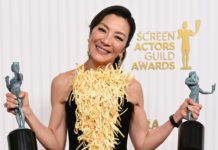 Michelle Yeoh of "Everything Everywhere All at Once" with her awards at the 29th Annual Screen Actors Guild Awards in February 2023